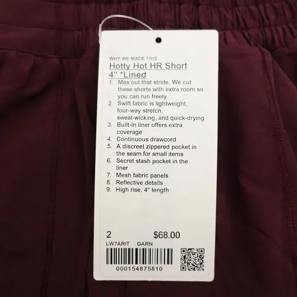 New Lululemon Size 2 Hotty Hot Shorts High Rise HR 4” Lined GARN Garnet - Picture 8 of 8